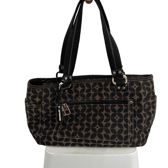🔥FOSSIL Black Brown Logo Signature Canvas Fabric 3 Section Shoulder Handbag - Picture 1 of 12